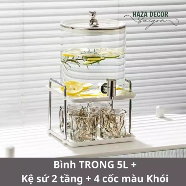 Bộ bình côc thủy tinh chịu nhiệt 5L, bình nước có vòi kệ, sứ côc nước, giảm giá 20% 10
