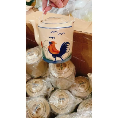 Bộ bình tích gà gốm xưa Lái Thiêu - kèm dĩa vuông và 6 ly trà, giảm còn 375k