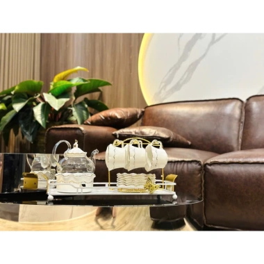 Bộ Bình Trà Ấm Chén kèm khay, lót tách, bếp châm trà viên vàng - Giá ưu đãi 1.268.000 VND