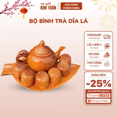 Bộ Bình Trà Gỗ Dừa kèm Khay Hình Lá Kim Tuấn - Sang Trọng, Quà Tặng Độc Đáo