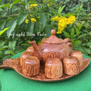 Bộ Bình Trà Gỗ Dừa kèm Khay Hình Lá Kim Tuấn - Sang Trọng, Quà Tặng Độc Đáo