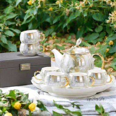 Bộ bình trà sứ vân đá cao cấp kèm ly và khay đựng - Sang trọng, giá ưu đãi 438.900 dong
