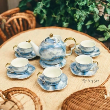 Bộ bình trà sứ vân đá cao cấp kèm ly và khay đựng - Sang trọng, giá ưu đãi 438.900 dong