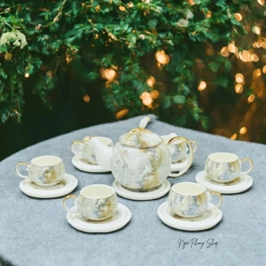 Bộ bình trà sứ vân đá cao cấp kèm ly và khay đựng - Sang trọng, giá ưu đãi 438.900 dong