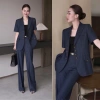 Bộ blazer nữ tay ngắn navy cao cấp kèm đai + quần ống rộng thanh lịch - 129k