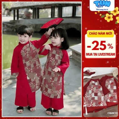 Bộ cách tân TUN KIT TK038 áo dài cao cấp cho bé trai, bé gái đón Tết 2.026 - Giá 131,400₫