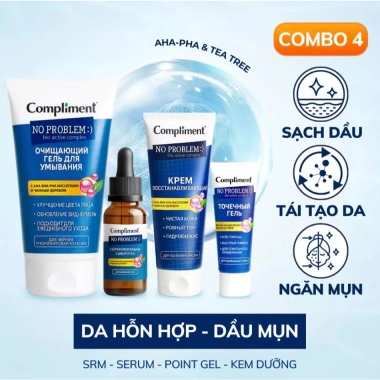 Bộ chăm sóc da dầu mụn AHA BHA PHA Compliment: sữa rửa mặt, serum, kem dưỡng ẩm, kem chấm mụn