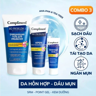 Bộ chăm sóc da dầu mụn AHA BHA PHA Compliment: sữa rửa mặt, serum, kem dưỡng ẩm, kem chấm mụn