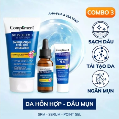 Bộ chăm sóc da dầu mụn AHA BHA PHA Compliment: sữa rửa mặt, serum, kem dưỡng ẩm, kem chấm mụn