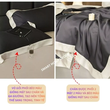 Bộ chăn ga gối Tencel 100s viền tương phản - Mềm mịn, mát, mẫu mới hiện đại, giảm giá 3tr 2
