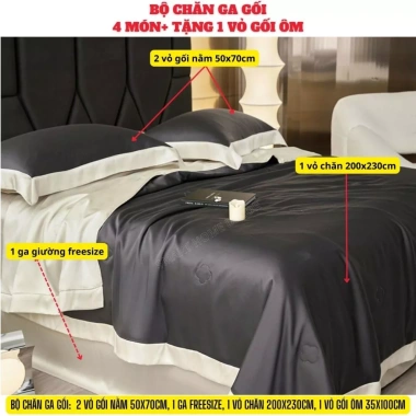 Bộ chăn ga gối Tencel 100s viền tương phản - Mềm mịn, mát, mẫu mới hiện đại, giảm giá 3tr 3