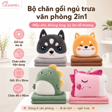 Bộ chăn gối ngủ trưa văn phòng họa tiết mèo, chó, khủng long - Giá chỉ 145.000đ