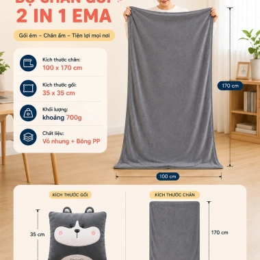 Bộ chăn gối văn phòng HI-SLEEP luồn tay đa năng gối đầu, tựa lưng, gối ôm - 205.000đ