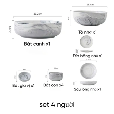 Bộ chén bát gốm sứ cẩm thạch HINATA cao cấp - set ăn cơm chịu lò nướng, giảm 22%