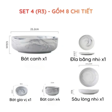 Bộ chén bát gốm sứ cẩm thạch HINATA cao cấp - set ăn cơm chịu lò nướng, giảm 22%