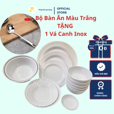 Bộ chén bát nhựa trắng dày dặn, tặng vá canh inox: giảm giá 280k (đã 336k)