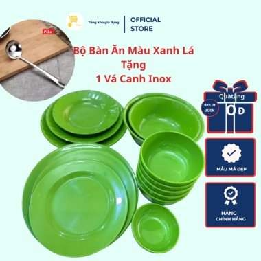Bộ Chén Bát Nhựa Xanh Lá + Vá Canh Inox Tặng Kèm - Giá 280k Giảm 20%