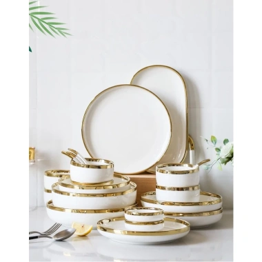 Bộ chén bát sứ trắng viền vàng phong cách Bắc Âu tách lẻ giá chỉ 36.000 VNĐ