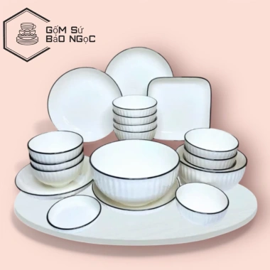 Bộ chén đĩa bát sứ hoa văn trắng viền cao cấp loại 1 - Giá ưu đãi 300k