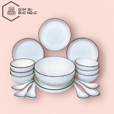 Bộ chén đĩa bát sứ hoa văn trắng viền cao cấp loại 1 - Giá ưu đãi 300k