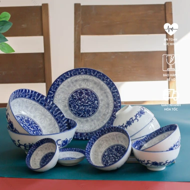 Bộ chén dĩa sứ men xanh lam cổ truyền Á Đông - Set bát đĩa hoa xanh mâm cúng, giảm 21%