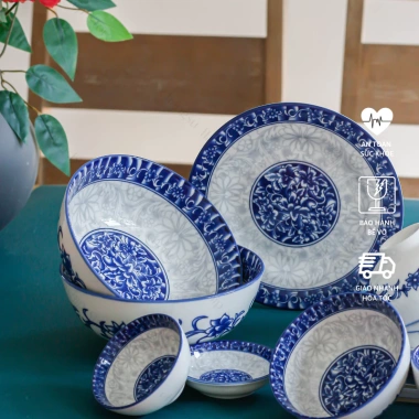 Bộ chén dĩa sứ men xanh lam cổ truyền Á Đông - Set bát đĩa hoa xanh mâm cúng, giảm 21%
