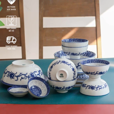 Bộ chén dĩa sứ men xanh lam cổ truyền Á Đông - Set bát đĩa hoa xanh mâm cúng, giảm 21%