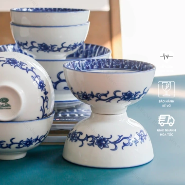 Bộ chén dĩa sứ men xanh lam cổ truyền Á Đông - Set bát đĩa hoa xanh mâm cúng, giảm 21%