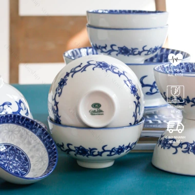 Bộ chén dĩa sứ men xanh lam cổ truyền Á Đông - Set bát đĩa hoa xanh mâm cúng, giảm 21%