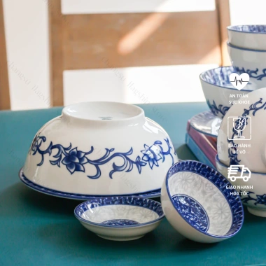 Bộ chén dĩa sứ men xanh lam cổ truyền Á Đông - Set bát đĩa hoa xanh mâm cúng, giảm 21%