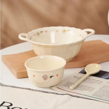 Bộ chén sú, đĩa, thố, tô, ly hoa kem - Giá 20.580₫, dụng cụ ăn cơm gia đình