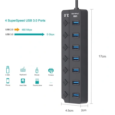 Bộ chia 7 cổng USB 3.0/2.0 1.2m, công tắc 5Gbps, tốc độ cao cho PC - Giá 71.500₫ 7 Bộ chia 7 cổng USB 3.0/2.0 1.2m, công tắc 5Gbps, tốc độ cao cho PC - Giá 71.500₫ 7