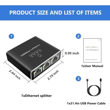 Bộ chia Gigabit Ethernet 1‑4 cổng USB, RJ45, hỗ trợ Cat5‑8, 1.000Mbps, đồng thời 4 thiết bị