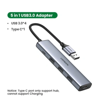 Bộ chia Hub USB 3.0 Ugreen 1-4 cổng 5Gbps vỏ nhôm dây bọc dù hỗ trợ nguồn Type‑C chính hãng
