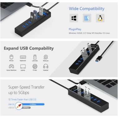 Bộ chia USB 3.0 7 cổng Superspeed 5Gbps, dây 1.2m + đèn LED - Hub đa năng PC, giá ưu đãi 65k 9