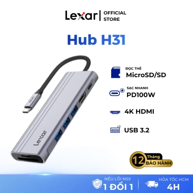 Bộ chia USB 7 in 1 Lexar Hub H31 - 3 USB 3.2, HDMI 2.0, sạc nhanh 100W, khe Micro SD/SD - Giá 880.000 VND
