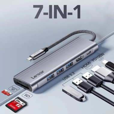 Bộ chia USB 7 in 1 Lexar Hub H31 - 3 USB 3.2, HDMI 2.0, sạc nhanh 100W, khe Micro SD/SD - Giá 880.000 VND