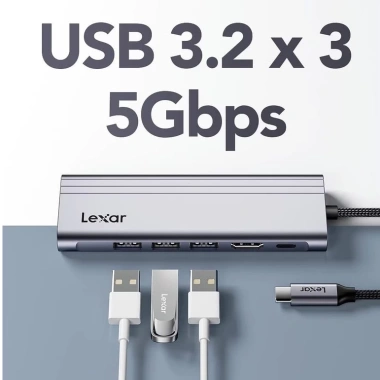 Bộ chia USB 7 in 1 Lexar Hub H31 - 3 USB 3.2, HDMI 2.0, sạc nhanh 100W, khe Micro SD/SD - Giá 880.000 VND