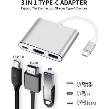 Bộ chuyển đổi 3 trong 1 Type-C sang HDMI 4K, USB 3.0 & PD - Giá chỉ 81.000 VND