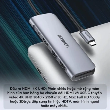 Bộ chuyển đổi 6 in 1 USB-C Ugreen: 2 USB 3.0 + HDMI + SD/TF, chỉ 362.000₫