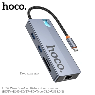 Bộ chuyển đổi Hoco HB52 8in1 Type-C sang HDMI, LAN, PD, USB, TF/SD - Giá 440.000₫