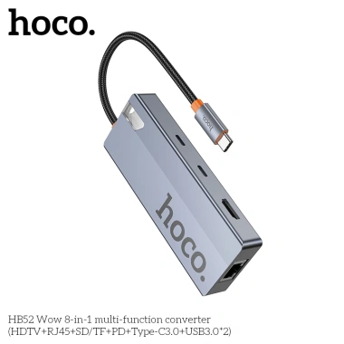 Bộ chuyển đổi Hoco HB52 8in1 Type-C sang HDMI, LAN, PD, USB, TF/SD - Giá 440.000₫