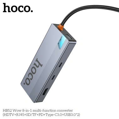 Bộ chuyển đổi Hoco HB52 8in1 Type-C sang HDMI, LAN, PD, USB, TF/SD - Giá 440.000₫