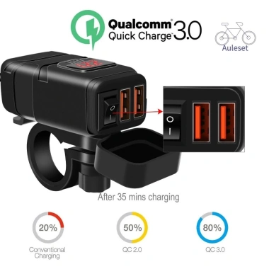 Bộ chuyển đổi nguồn sạc USB kép Auleset Motorcycle QC3.0 sạc nhanh có vôn kế - 379.915₫