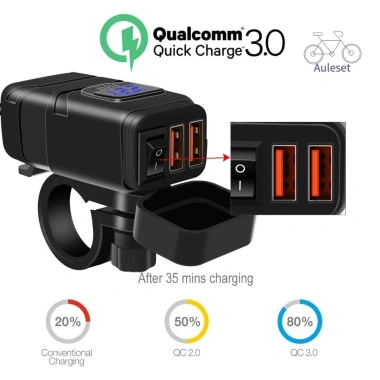 Bộ chuyển đổi nguồn sạc USB kép Auleset Motorcycle QC3.0 sạc nhanh có vôn kế - 379.915₫