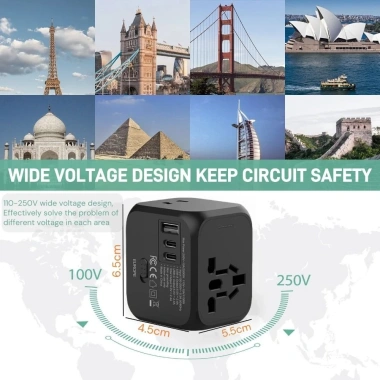 Bộ chuyển đổi phích cắm du lịch đa năng YudhUI Sạc USB C 2 loại, hỗ trợ EU/UK/US/AU, bền bỉ, giá chỉ 355.960₫