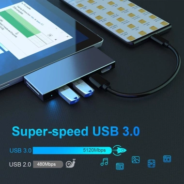 Bộ chuyển đổi USB 6 trong 1 cho Surface Pro – Hub mạng, HDMI 4K, 3 USB 3.0, Đọc thẻ SD/TF – 547k