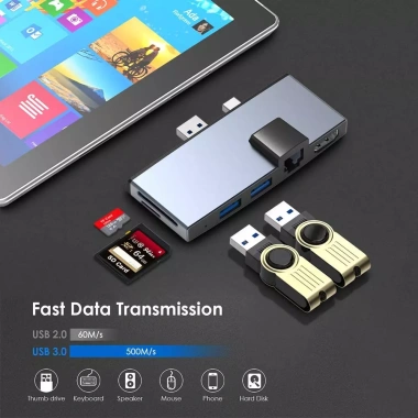 Bộ chuyển đổi USB 6 trong 1 cho Surface Pro – Hub mạng, HDMI 4K, 3 USB 3.0, Đọc thẻ SD/TF – 547k