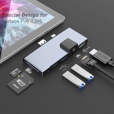Bộ chuyển đổi USB 6 trong 1 cho Surface Pro – Hub mạng, HDMI 4K, 3 USB 3.0, Đọc thẻ SD/TF – 547k