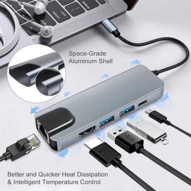 Bộ chuyển đổi USB-C 5 trong 1 Type-C sang HDMI 4K, USB3.0 & RJ45 Ethernet LAN - Giá ưu đãi 79.200 VND